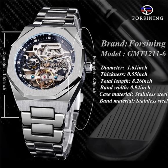 Automatic Watch Mechanical WristWatch for Men Octagonal Waterproof SkeletonWatch - Picture 3 of 6